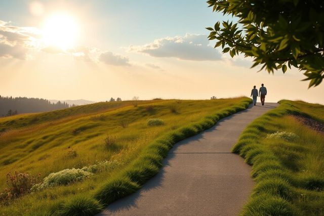 The image depicts a serene outdoor scene with a pathway leading towards the horizon. A couple is walking along the path, which appears to be in the early morning or late afternoon as indicated by the warm lighting and long shadows. 
