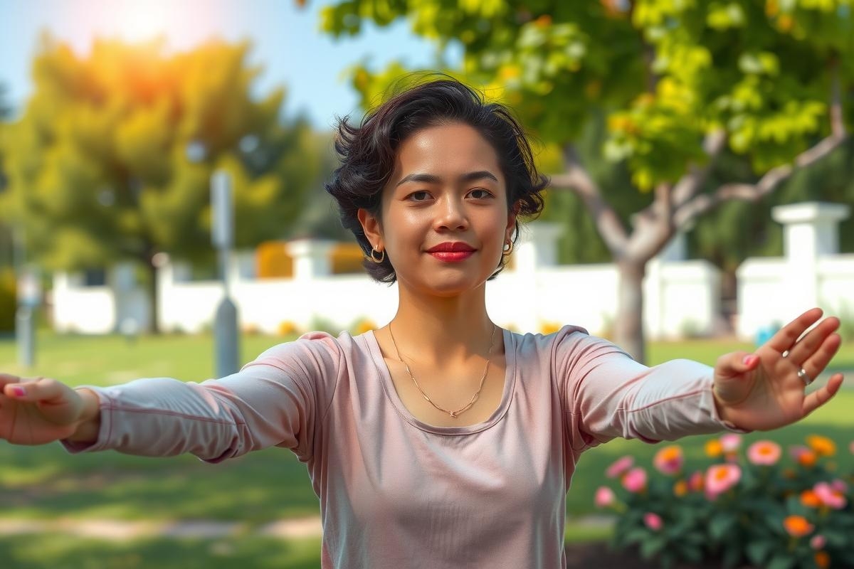 A woman is practicing yoga outdoors. She is standing with her arms stretched forward and palms facing upwards, showing relaxation and connection to the environment.