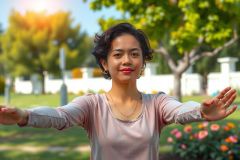 A woman is practicing yoga outdoors. She is standing with her arms stretched forward and palms facing upwards, showing relaxation and connection to the environment.
