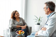 Doctor consulting with a smiling patient in a bright, modern office setting. The image features a healthy fruit bowl and a clean, white interior, suggesting a wellness or nutrition discussion. Healthcare, doctor-patient relationship, and healthy lifestyle themes are present.