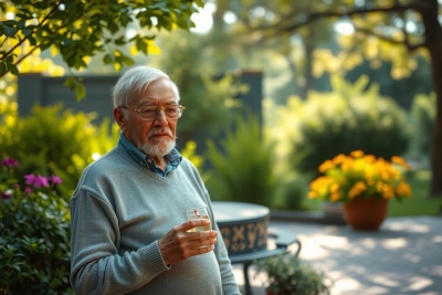 The image shows a man sitting outdoors on a patio. He appears to be of elderly age, wearing glasses and a light blue sweater. The man has a beard and is holding a wine glass in his hand. 