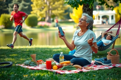 This image captures a lively scene in a park. An elderly woman is seated on a picnic blanket, enjoying her breakfast with fresh fruits and a refreshing beverage. She's casually dressed in comfortable clothing suitable for outdoor activities. In the background, two people are engaged in different activities: one person is running along the path, possibly enjoying a brisk jog or exercise, while another person is lounging on a hammock, perhaps taking a leisurely nap or simply relaxing in the pleasant weather. The park setting with its grassy lawns, trees, and clear skies creates an atmosphere of tranquility and enjoyment of outdoor activities.