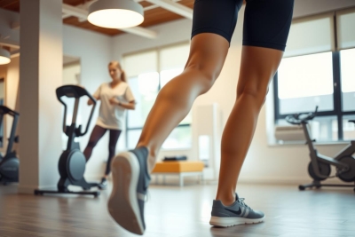 Person running on a treadmill in a gym. Focus on athletic shoes, bright lighting, and fitness environment. Modern workout space with equipment visible in the background.