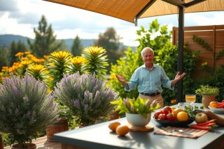 The photo shows a man in a garden setting. He appears to be standing behind a table filled with various fruits and vegetables. His arms are outstretched, possibly pointing at something or someone out of frame.