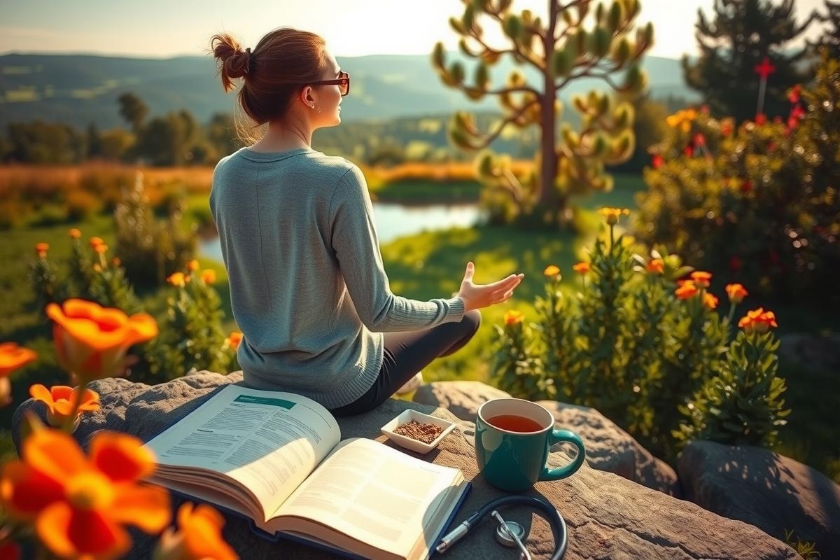 A woman is enjoying a peaceful moment in nature, sitting cross-legged on rocks with her eyes closed. She has a book open next to her and a cup of tea within reach. The environment is sunny and serene with wildflowers blooming around her. The setting suggests a tranquil escape from daily life, possibly for relaxation or contemplation.