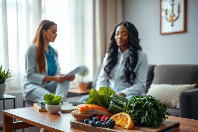 Two women sit in a bright, modern living room with a table displaying fresh fruits and vegetables. The scene evokes wellness, healthy eating, and a relaxed atmosphere.