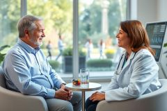Doctor consults with senior patient in a bright, modern healthcare setting. A friendly conversation takes place with a focus on wellness and medical care. Warm colors and a serene environment create a positive atmosphere.