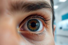 Close-up of a striking hazel eye with detailed eyelashes and eyebrow. Warm brown and green tones dominate, set against a blurred medical background. Focus on human eye, beauty, and healthcare themes.