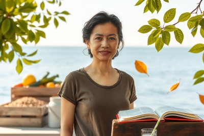 A woman stands outdoors near a body of water with tropical trees. She's wearing a brown top and appears to be focused on something in front of her, which is not clearly visible in the image.