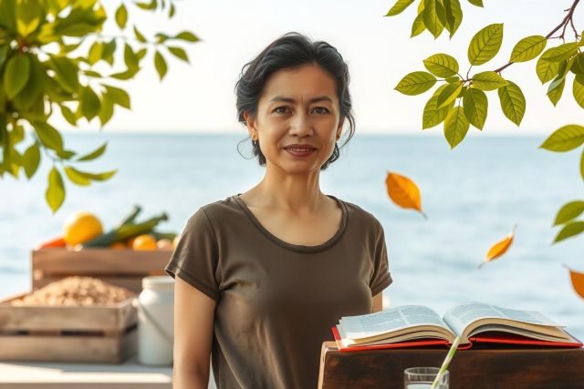A woman stands outdoors near a body of water with tropical trees. She's wearing a brown top and appears to be focused on something in front of her, which is not clearly visible in the image.