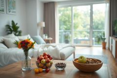 Bright, cozy living room interior with a modern aesthetic. Features a comfortable white sofa, wooden coffee table with fruit and flowers, and large windows overlooking greenery. Natural light, warm tones, and a relaxed atmosphere create a welcoming home scene. Apartment decor, interior design.