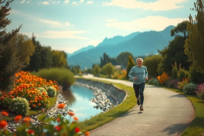 A woman is jogging on a well-maintained path in an outdoor recreational area. The environment features a clear sky, lush trees and shrubbery with vibrant colors of green, yellow, and orange flowers that indicate it could be autumn.