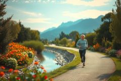 A woman is jogging on a well-maintained path in an outdoor recreational area. The environment features a clear sky, lush trees and shrubbery with vibrant colors of green, yellow, and orange flowers that indicate it could be autumn.
