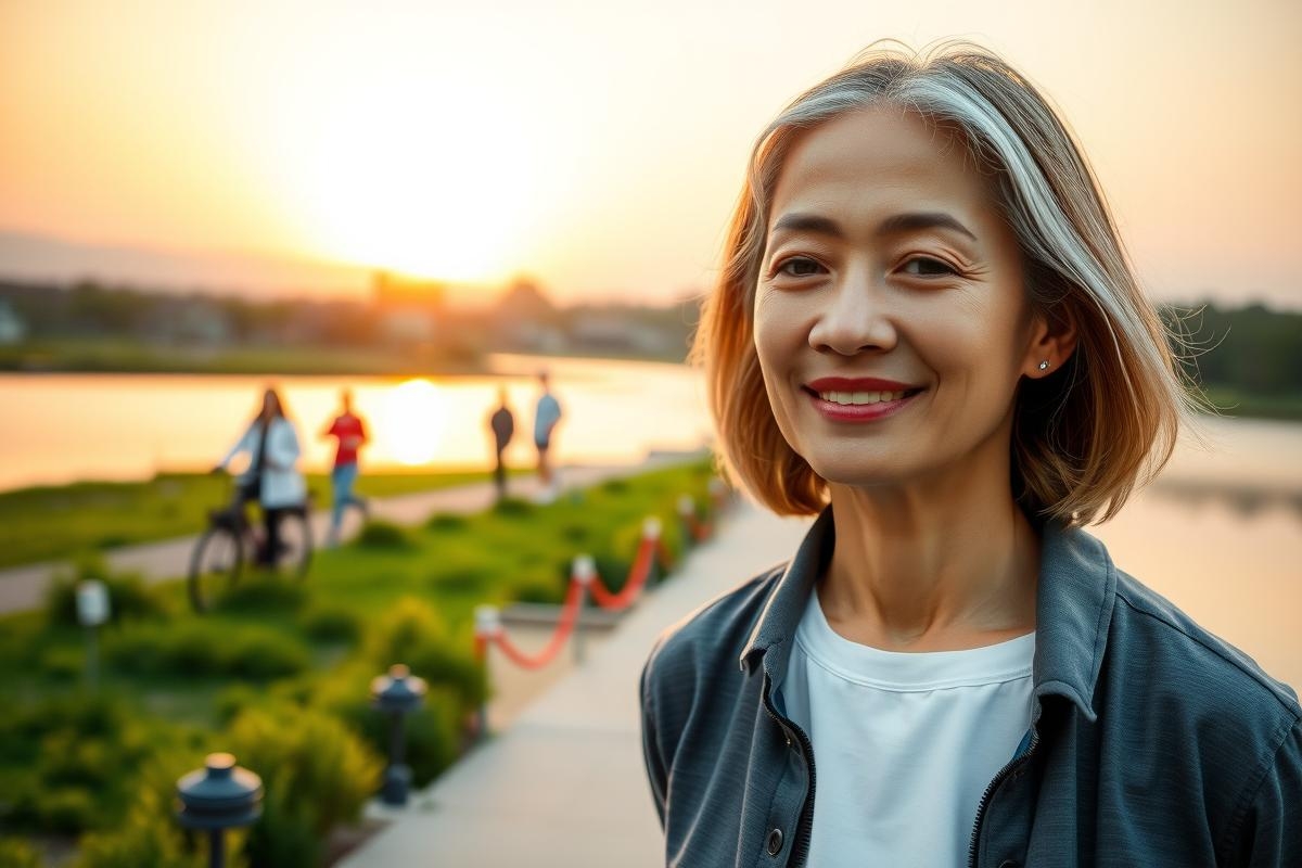 The image features an elderly woman posing for the camera with a cheerful expression. She is standing near a body of water, possibly a river or lake, at sunset when the sky is illuminated with warm hues. The setting appears to be a public area with well-maintained greenery and pathways. There are other people in the background, suggesting it might be a popular spot for leisure activities.