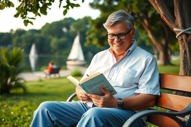 The image depicts a man sitting on a park bench in an outdoor setting, wearing a white shirt. He is engaged in reading a book and appears to be enjoying a peaceful moment alone.