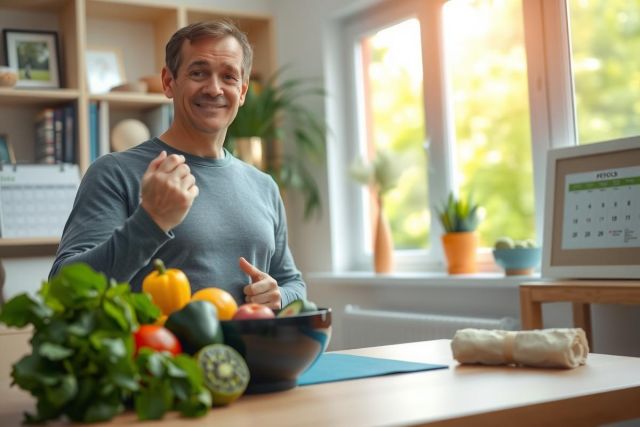 A cheerful man stands in the kitchen, surrounded by a variety of fresh fruits and vegetables. He smiles at the camera. The kitchen is well-lit by natural light from the windows.