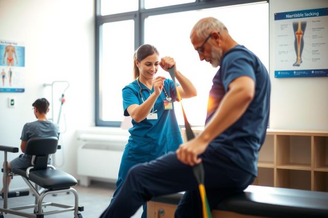 Physical therapy session. A therapist assists a patient with leg exercises in a brightly lit clinic. Focus on rehabilitation, healthcare, and patient care.