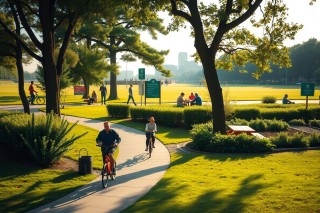 The image depicts a vibrant outdoor scene in a park with various activities happening. There's a person jogging on a path, and two other individuals are strolling casually near the grassy area.