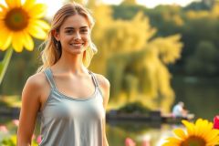 A beautiful young woman is standing in a vibrant sunflower field. She has blonde hair and is wearing a sleeveless top, smiling towards the camera. The bright yellow flowers of the sunflowers contrast with her casual attire, enhancing the natural and serene atmosphere of the scene.