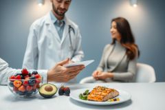 Doctor discussing healthy eating with a patient. Image features a balanced diet including salmon, avocado, berries, and vegetables. Focus on nutrition, wellness, and medical consultation in a bright, modern clinical setting. Keywords: healthy food, diet, doctor, patient, nutrition, healthcare.