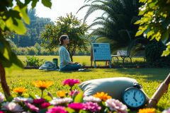 A person practicing yoga in an outdoor garden, surrounded by nature. The environment is serene with a grassy area, trees, and colorful flowers around them. The time of day appears to be late afternoon or early evening, as suggested by the soft lighting.