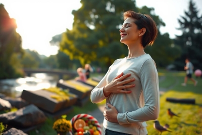 A woman in a park posing for a photograph with her hands on her stomach, smiling as if she is pregnant. The setting is bright and cheerful, possibly during sunset, highlighted by warm colors.