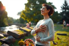 A woman in a park posing for a photograph with her hands on her stomach, smiling as if she is pregnant. The setting is bright and cheerful, possibly during sunset, highlighted by warm colors.