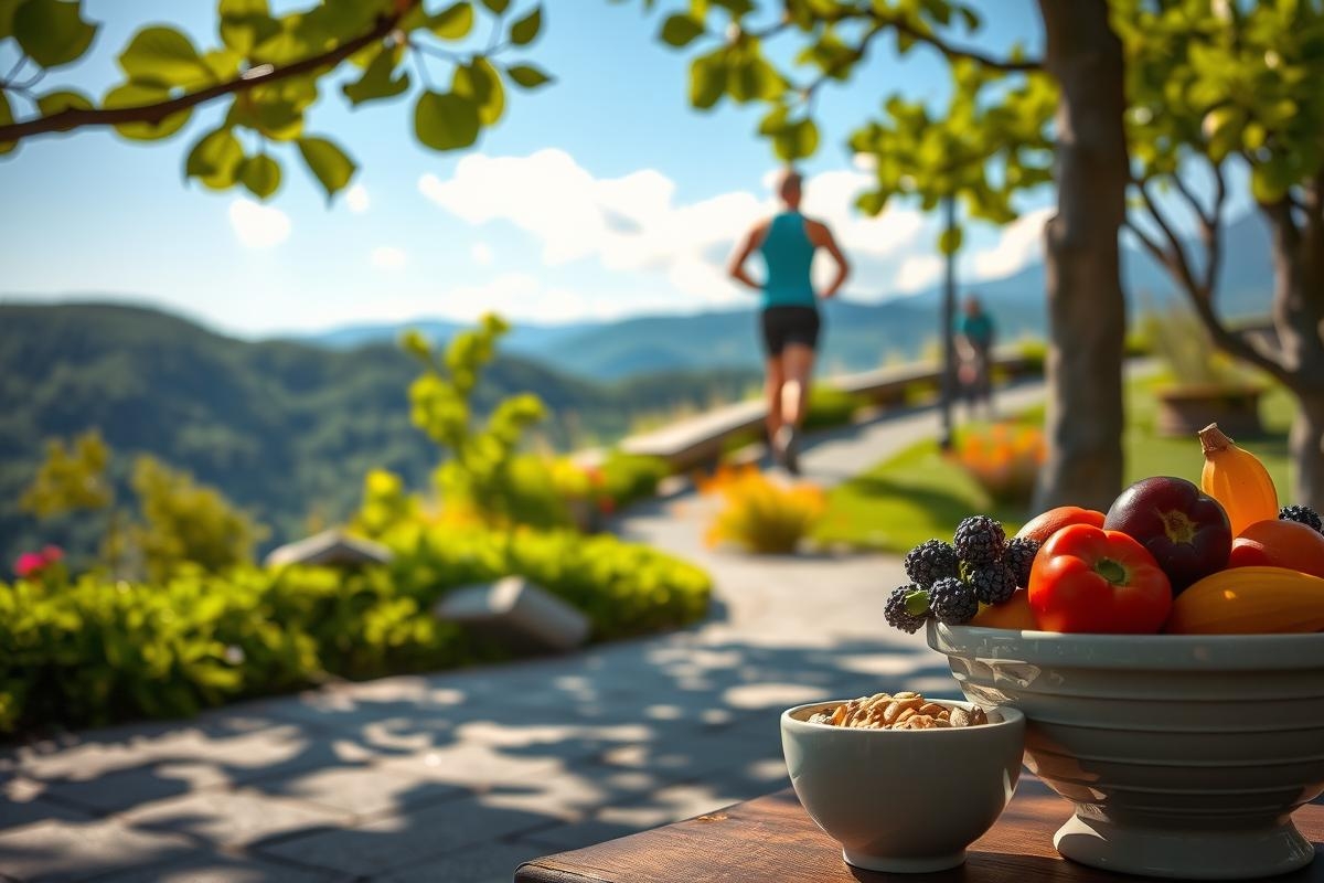 A person jogging on a trail with fruit arranged in bowls nearby. The scene is set against a backdrop of lush green hills and clear blue sky.