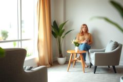Woman sits comfortably in a stylish living room with warm tones. Natural light floods the space featuring a potted plant, wooden table, and cozy armchairs.  A serene and inviting interior design scene.