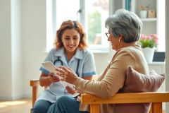 Healthcare professional shows a chart to a senior woman in a brightly lit room. Focus on patient care and wellness, warm tones, friendly interaction.