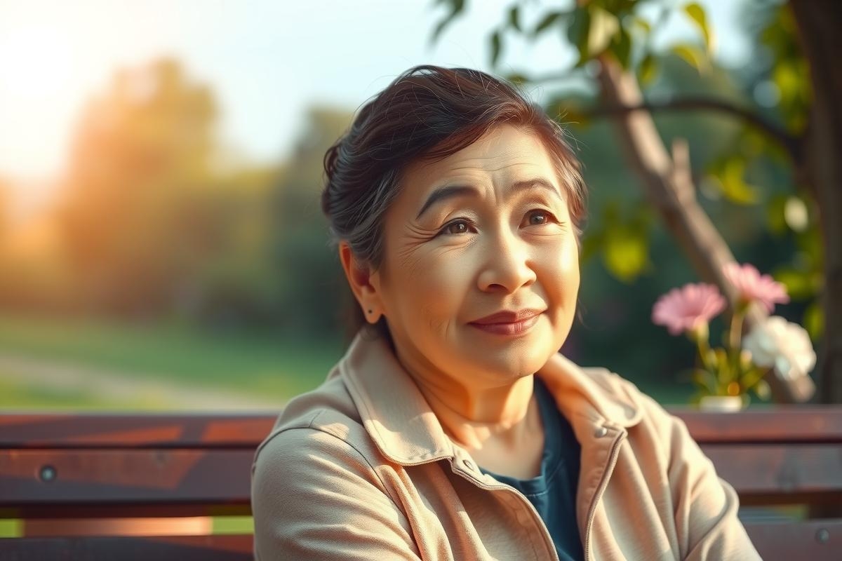 The image features an older Asian woman sitting on a wooden bench in a park during what appears to be either sunrise or sunset. The woman is dressed in casual attire and has her arms crossed, suggesting she might be deep in thought or contemplating something. 