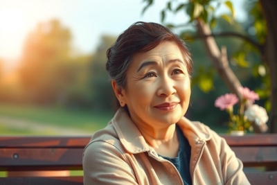 The image features an older Asian woman sitting on a wooden bench in a park during what appears to be either sunrise or sunset. The woman is dressed in casual attire and has her arms crossed, suggesting she might be deep in thought or contemplating something. 