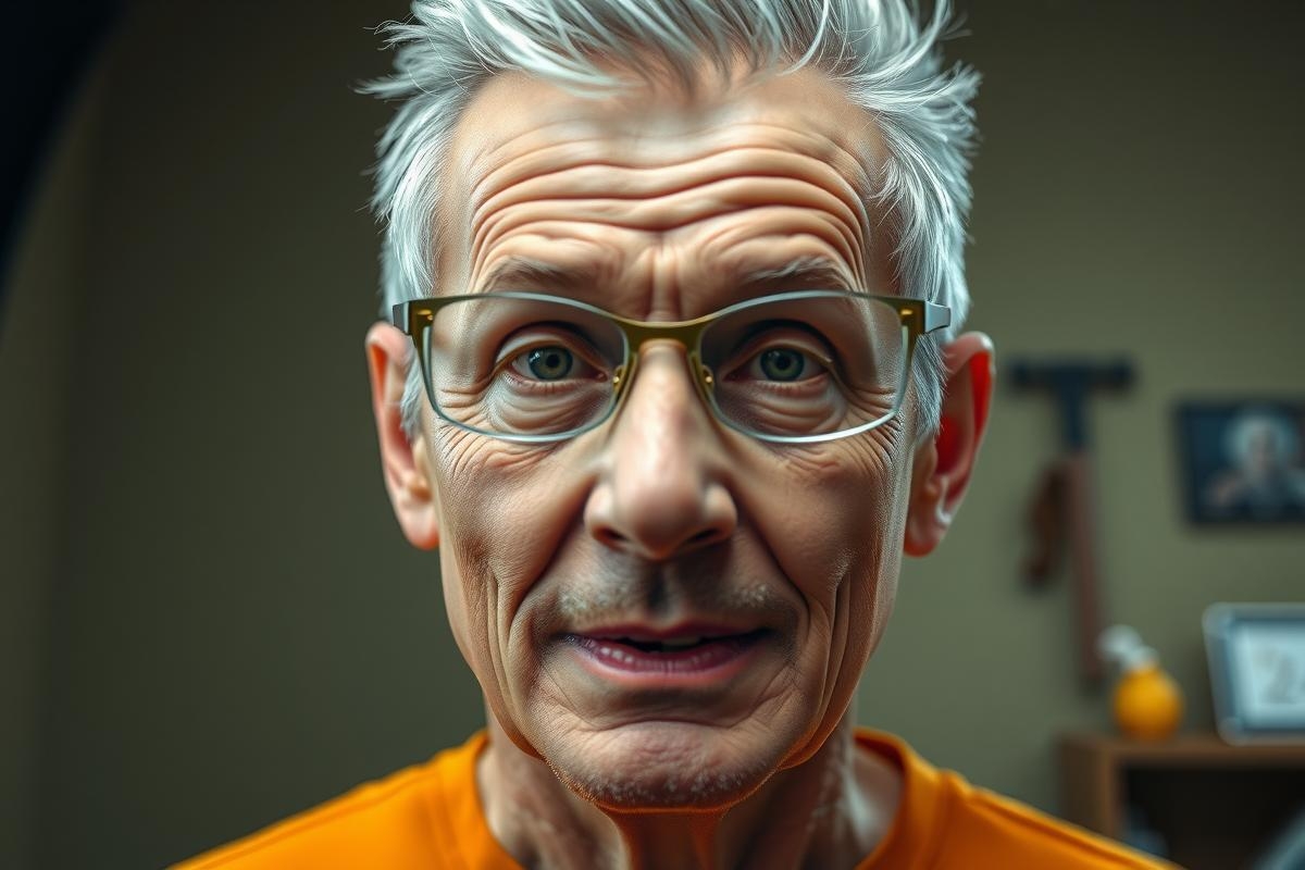 The image features a middle-aged man with gray hair. He appears to be in an indoor setting, possibly his home or office. The man is wearing glasses and has a serious expression on his face.
