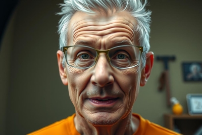 The image features a middle-aged man with gray hair. He appears to be in an indoor setting, possibly his home or office. The man is wearing glasses and has a serious expression on his face.