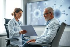 Doctor and patient in a clinical setting. A female doctor in a white coat reviews medical documents with a male patient. A large screen displays a virus illustration, suggesting a focus on healthcare, research, or infectious disease. Neutral colors and a professional environment.