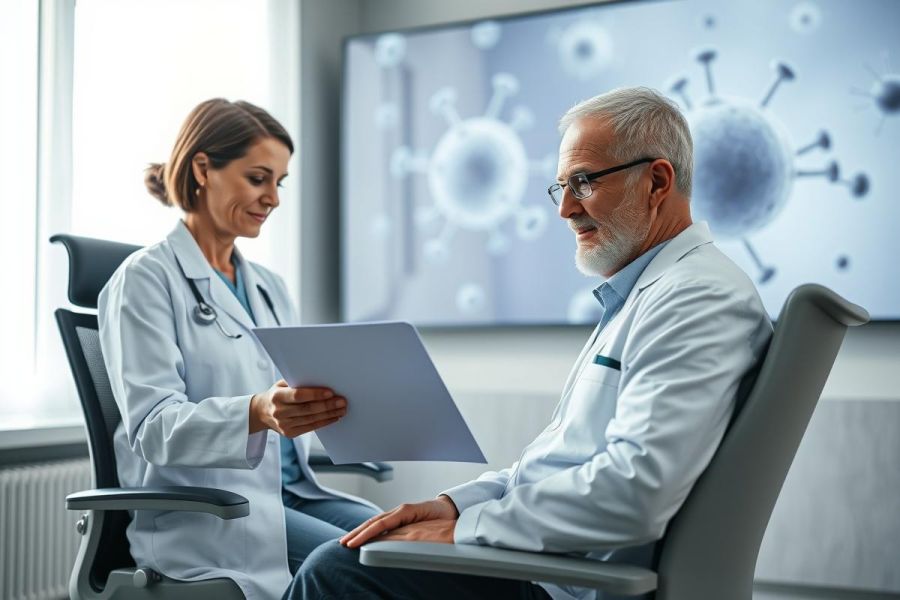 Doctor and patient in a clinical setting. A female doctor in a white coat reviews medical documents with a male patient. A large screen displays a virus illustration, suggesting a focus on healthcare, research, or infectious disease. Neutral colors and a professional environment.