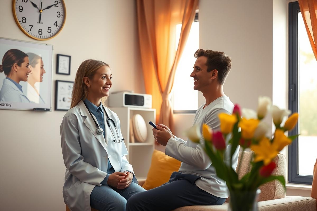 The image shows an indoor scene where a woman in a medical white coat is seated on the left, smiling at another person who appears to be a patient or client. The man is also wearing a similar coat and seems to be engaged in conversation. Both are in a living room-like setting with decorative elements like potted plants, vases, and framed artwork on the wall. The overall atmosphere suggests a professional yet comfortable environment for consultation or service delivery.