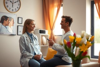 The image shows an indoor scene where a woman in a medical white coat is seated on the left, smiling at another person who appears to be a patient or client. The man is also wearing a similar coat and seems to be engaged in conversation. Both are in a living room-like setting with decorative elements like potted plants, vases, and framed artwork on the wall. The overall atmosphere suggests a professional yet comfortable environment for consultation or service delivery.