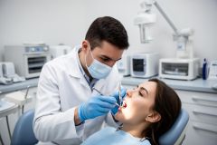 Dentist wearing a mask examines a patient's open mouth to assess tooth condition and potential restoration.