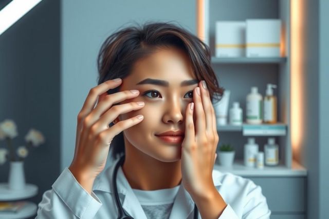 A woman in a white coat examines her face, likely a skincare professional. The background shows a shop display with beauty products. The lighting is soft and warm, highlighting the close-up view.