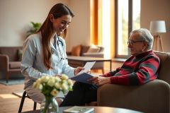 Healthcare professional consults with a senior patient in a bright, comfortable living room setting. The scene conveys care and wellness, featuring warm colors and a focus on patient interaction.