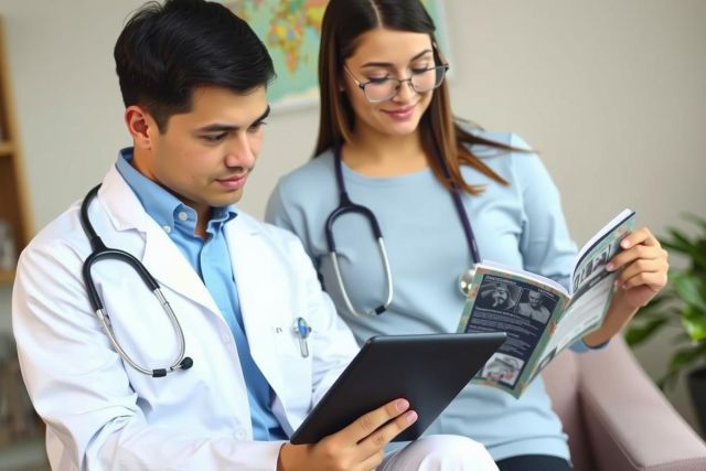The image shows a man and woman in what appears to be a medical office setting. The man, wearing a white coat, is seated on the left side of the image; he is smiling and holding a tablet displaying an electronic chart or patient information.