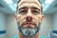 Close-up portrait of a man with striking blue eyes and a prominent silver beard. He wears a teal medical scrubs top and is set against a blurred, modern hospital hallway background with bright overhead lighting. Focus on facial features and healthcare context.