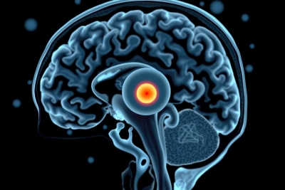 The image shows a detailed medical illustration of the human brain with an emphasis on the hypothalamus region. The depiction is in blue, highlighting the different parts of the brain, including the amygdala and corpus callosum.