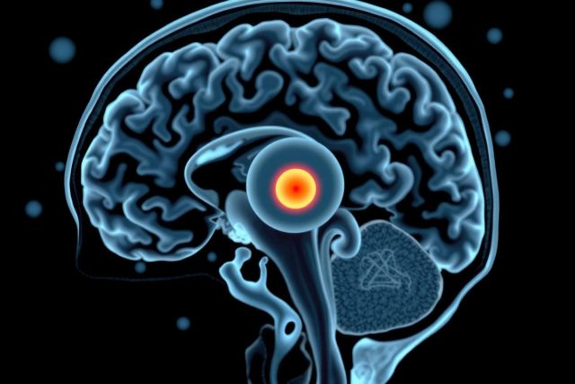 The image shows a detailed medical illustration of the human brain with an emphasis on the hypothalamus region. The depiction is in blue, highlighting the different parts of the brain, including the amygdala and corpus callosum.
