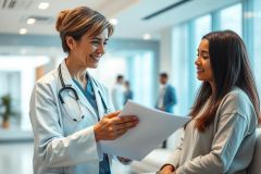 A smiling female doctor in a white coat and stethoscope discusses medical paperwork with a patient in a bright, modern hospital setting. The scene conveys healthcare consultation and patient care, featuring warm lighting and a focus on communication. Keywords: doctor, patient, healthcare, hospital, consultation, medical.