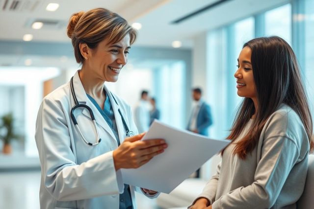A smiling female doctor in a white coat and stethoscope discusses medical paperwork with a patient in a bright, modern hospital setting. The scene conveys healthcare consultation and patient care, featuring warm lighting and a focus on communication. Keywords: doctor, patient, healthcare, hospital, consultation, medical.