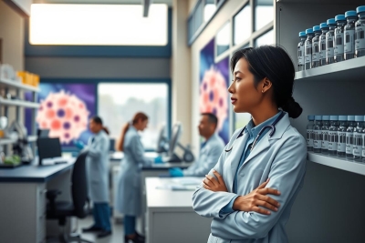 A woman wearing a lab coat stands in a modern research lab, surrounded by beakers on shelves and scientists working at benches. The setting is brightly lit with white walls and blue accents.