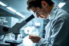 Scientist examining a sample under a microscope in a laboratory setting. Research, analysis, and scientific discovery are key themes. Bright lighting and equipment highlight the environment.