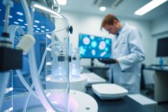 Scientist in a lab coat examines a petri dish with bacterial cultures. The image showcases a research environment with equipment and a focus on microbiology and scientific investigation.